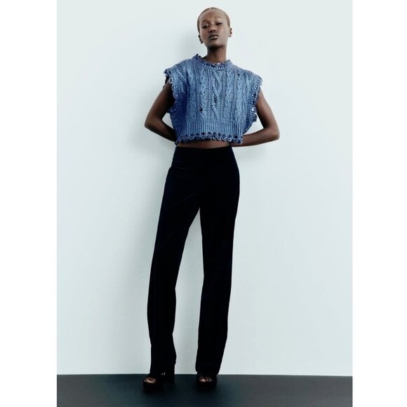 NWT Zara blue cable knit cropped metallic vest sleeveless sweater, S - Picture 2 of 12